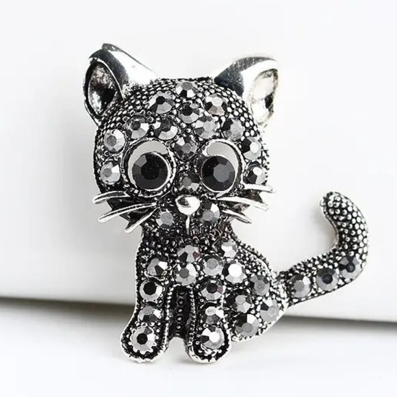 Cat Brooch Rhinestone Kitten Pin Black Silver Sparkle Scarf Hat Coat NEW GIFT - Picture 4 of 6